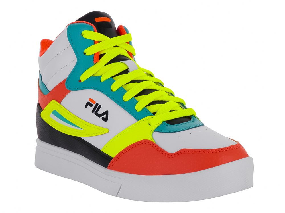 Tenis FILA de corte alto en colores blanco, naranja, amarillo neón y turquesa con suela blanca.