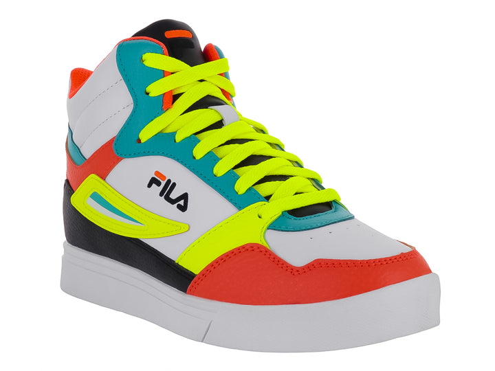 Tenis FILA de corte alto en colores blanco, naranja, amarillo neón y turquesa con suela blanca.