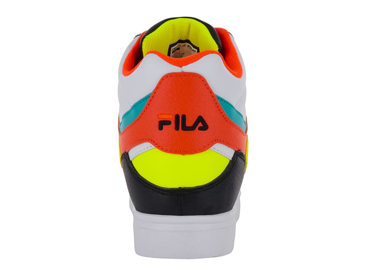 Tenis FILA de corte alto en colores blanco, naranja, amarillo neón y turquesa con suela blanca.