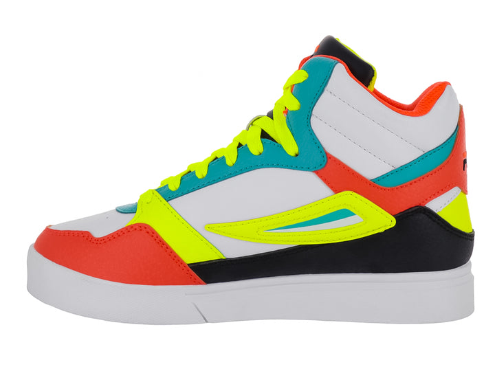 Tenis FILA de corte alto en colores blanco, naranja, amarillo neón y turquesa con suela blanca.