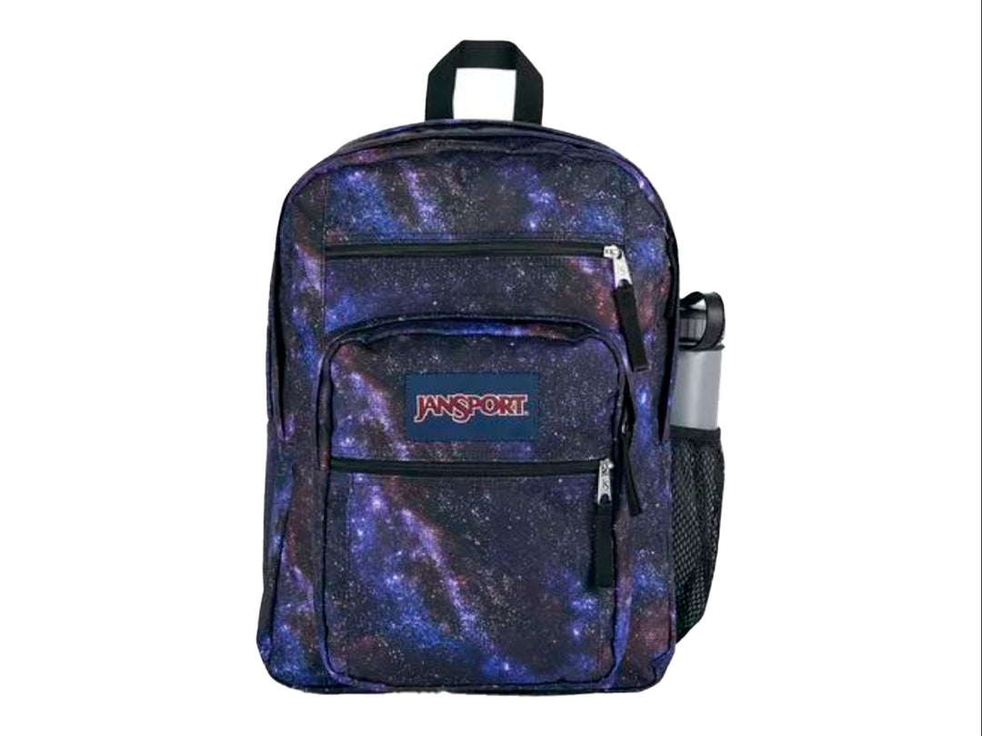 Mochila JanSport modelo Big Student con estampado de cielo nocturno en tonos morados, azules y negros.