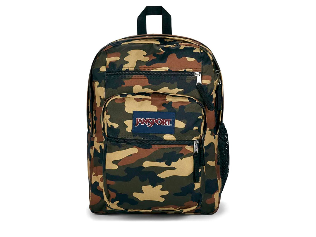 Mochila JanSport Big Student con estampado de camuflaje en tonos verde, café y negro.
