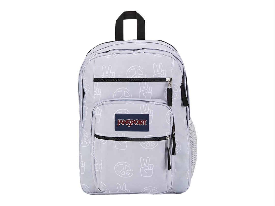 Mochila JanSport Big Student en color gris con estampado blanco de signos de paz y detalles en negro.