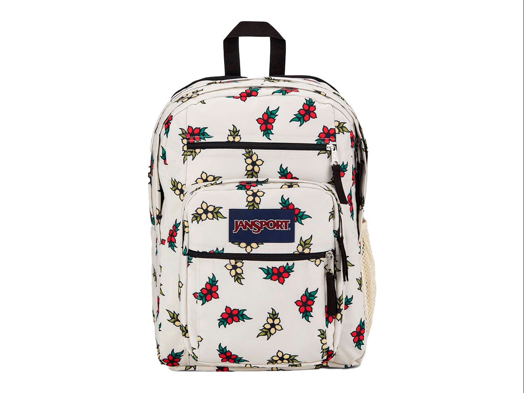 Mochila JanSport Big Student blanca con estampado de flores rojas y amarillas, con múltiples bolsillos frontales.