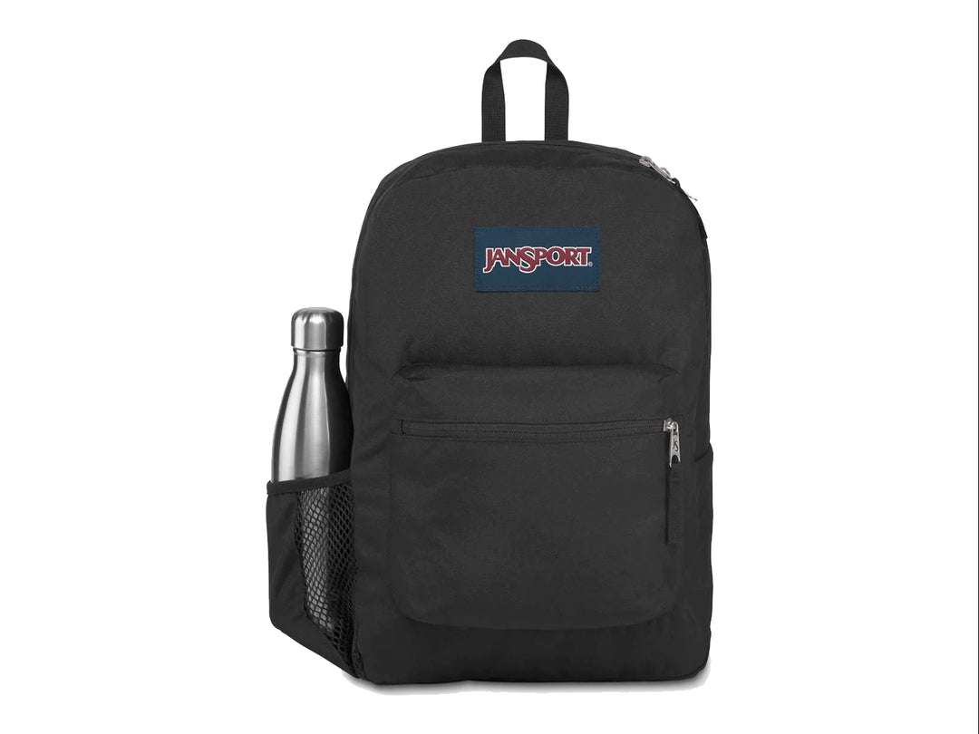 Mochila escolar JanSport color negro con un bolsillo frontal con cierre y un compartimento lateral para botella.