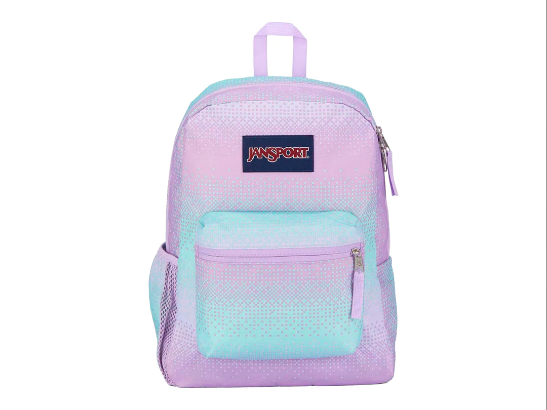 Mochila JanSport modelo Cross Town con diseño degradado en tonos morados y azules.