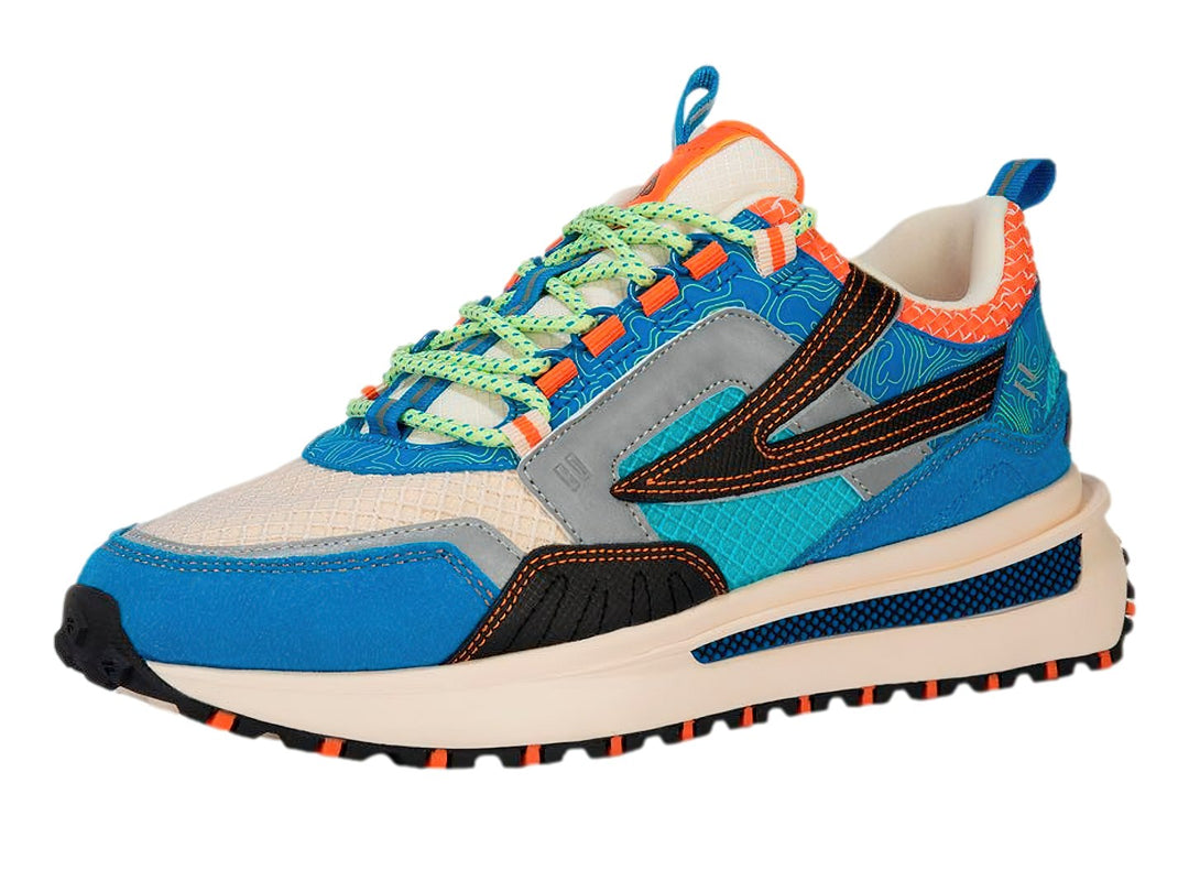 Tenis FILA RENNO ODV en colores azul eléctrico, naranja y ecru con suela robusta.