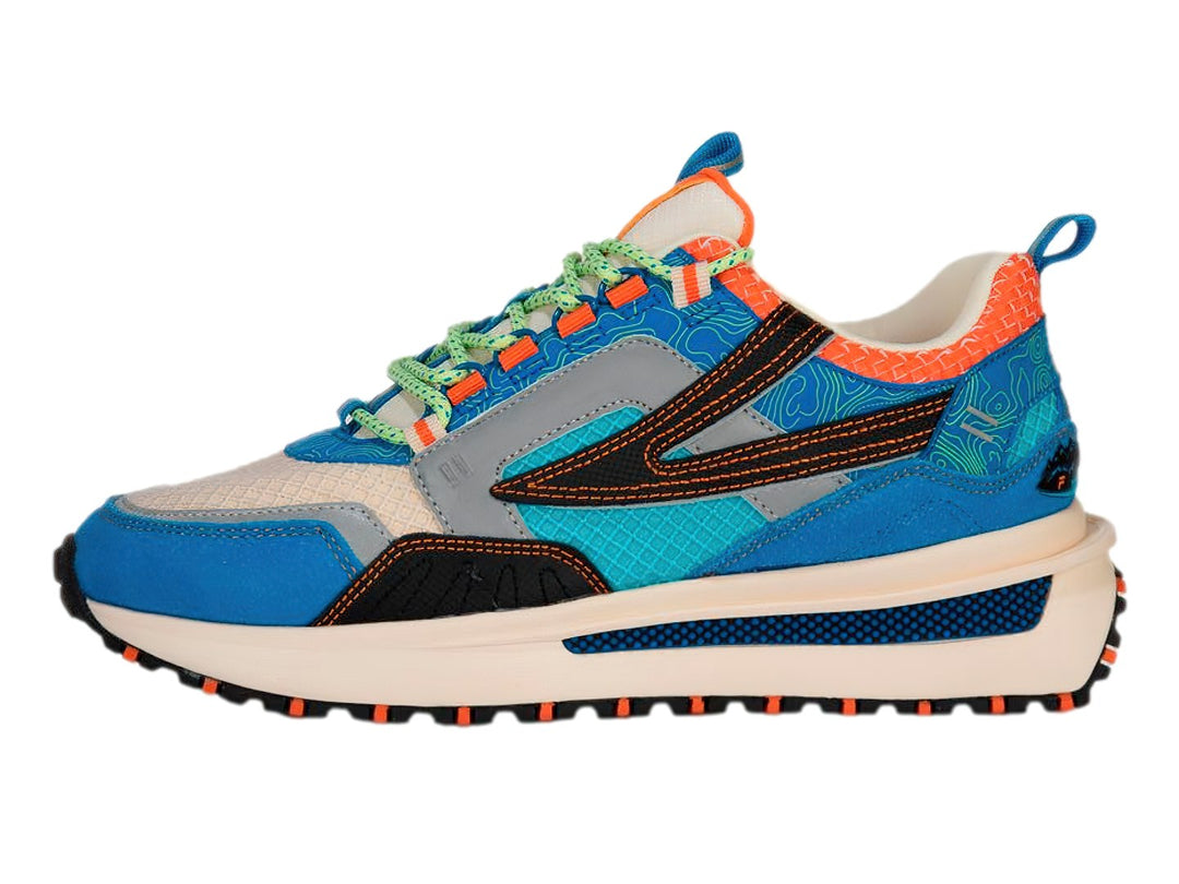 Tenis FILA RENNO ODV en colores azul eléctrico, naranja y ecru con suela robusta.