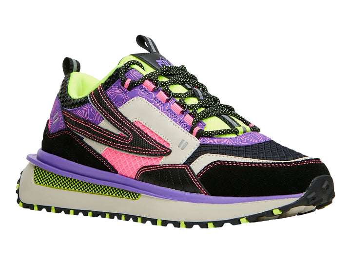 Tenis deportivos FILA Renno ODV multicolor con detalles en verde neón y rosa y suela gruesa.