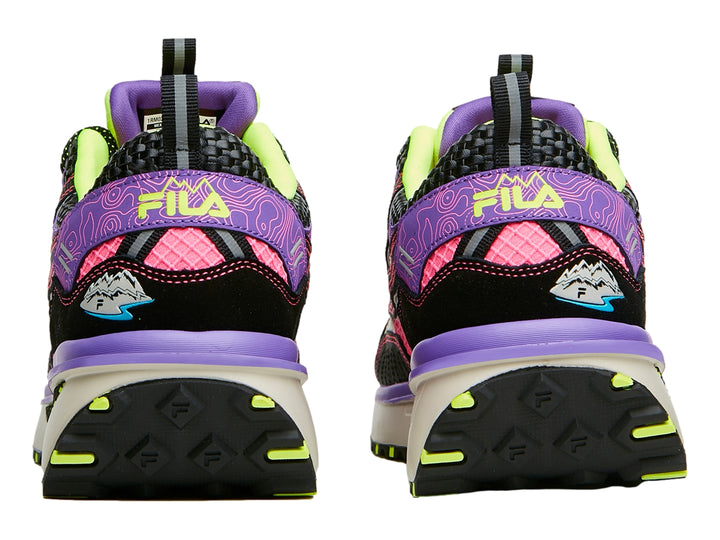 Tenis deportivos FILA Renno ODV multicolor con detalles en verde neón y rosa y suela gruesa.