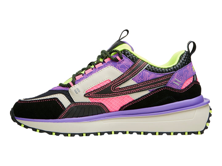 Tenis deportivos FILA Renno ODV multicolor con detalles en verde neón y rosa y suela gruesa.