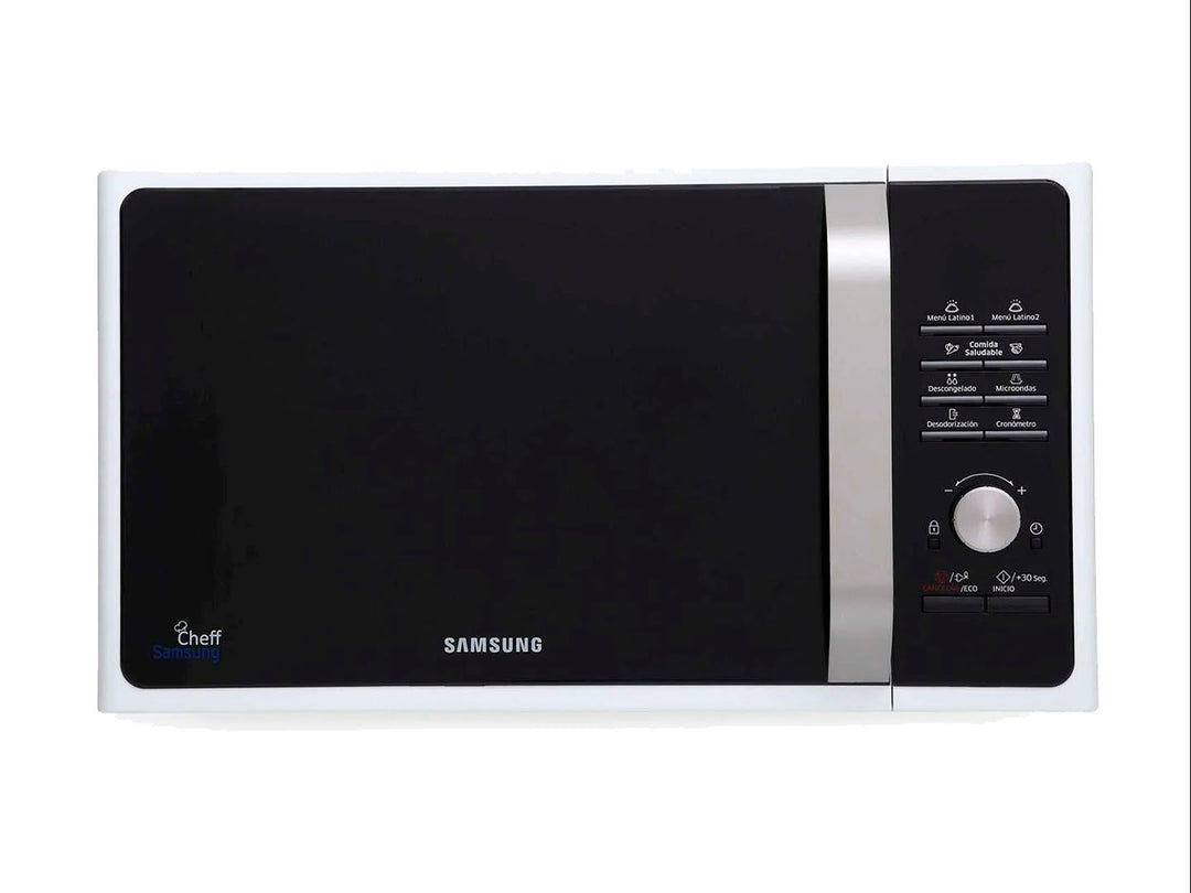 Horno microondas Samsung blanco con frente negro y panel de control digital lateral.