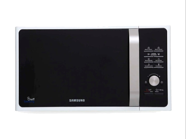 Horno microondas Samsung blanco con frente negro y panel de control digital lateral.