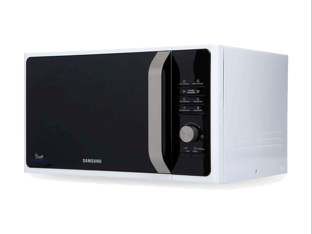 Horno microondas Samsung blanco con frente negro y panel de control digital lateral.