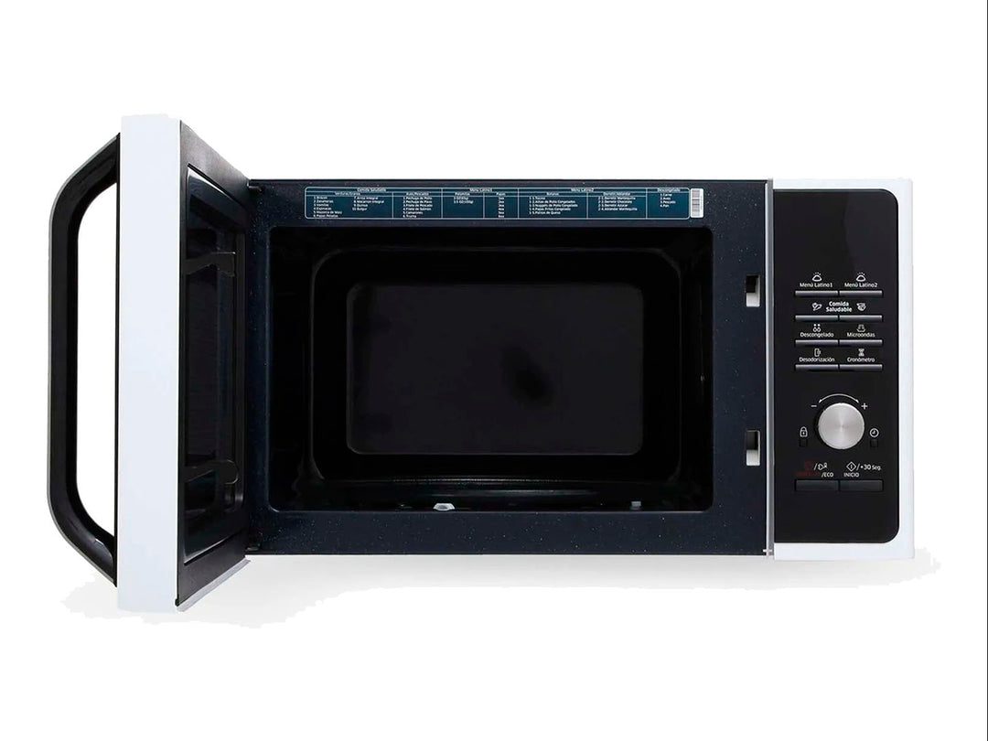 Horno microondas Samsung blanco con frente negro y panel de control digital lateral.