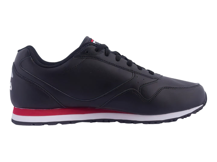 Tenis FILA color negro con suela blanca y una franja roja lateral.