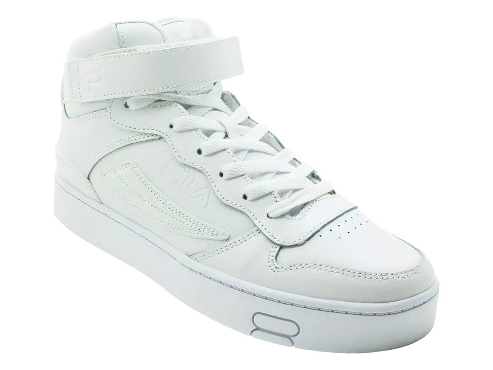 Tenis FILA MGX-100 Mid en color blanco total con correa de velcro y suela ancha.