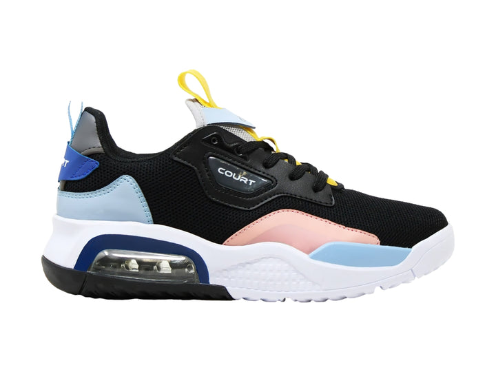 Tenis deportivos COURT color negro con detalles en azul, rosa y amarillo y suela blanca con cámara de aire.