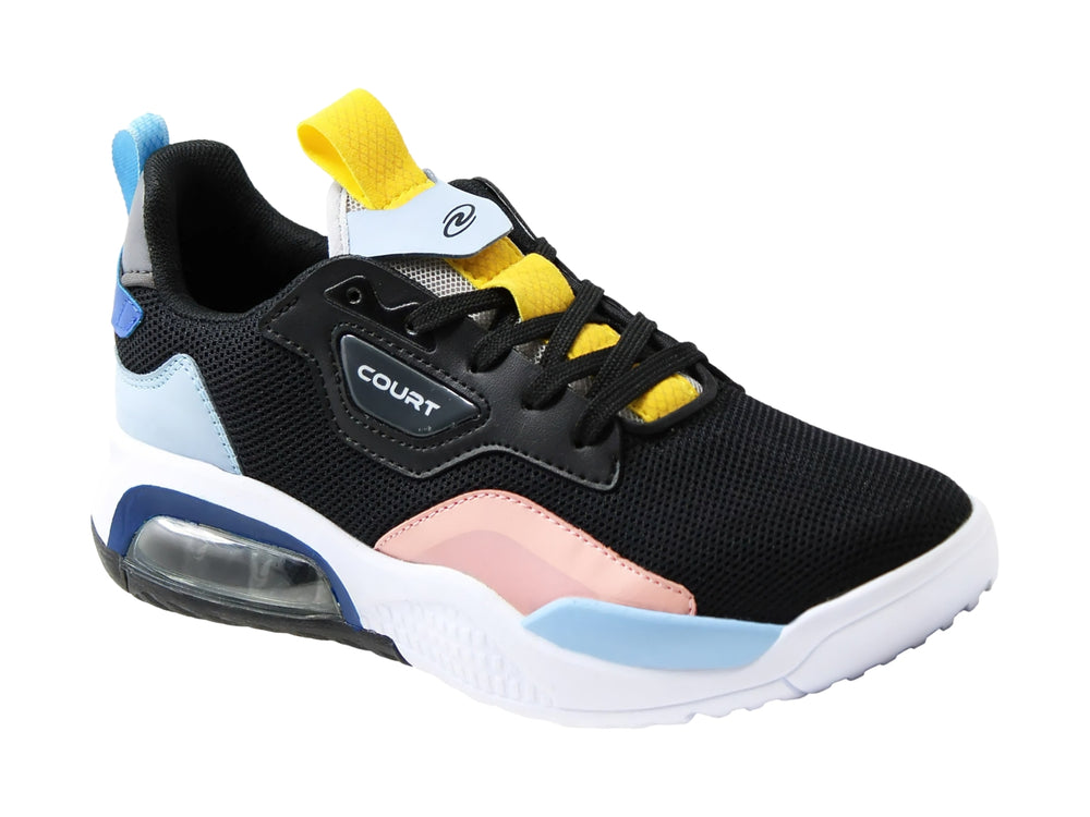 Tenis deportivos COURT color negro con detalles en azul, rosa y amarillo y suela blanca con cámara de aire.
