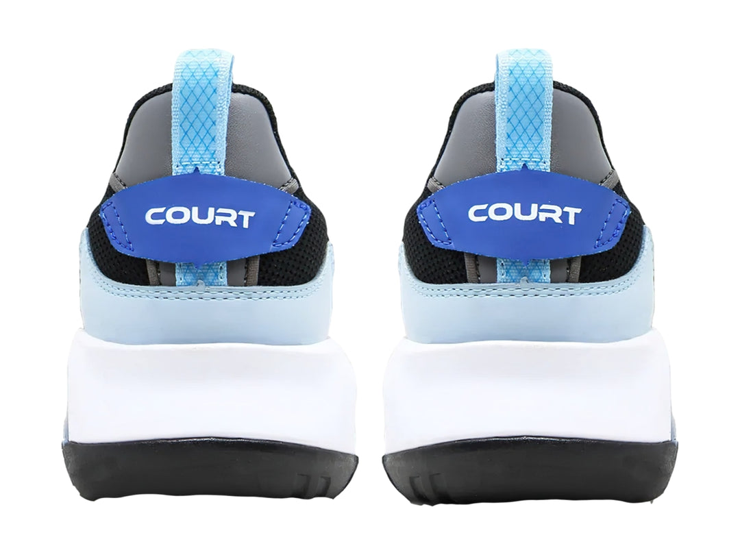 Tenis deportivos COURT color negro con detalles en azul, rosa y amarillo y suela blanca con cámara de aire.