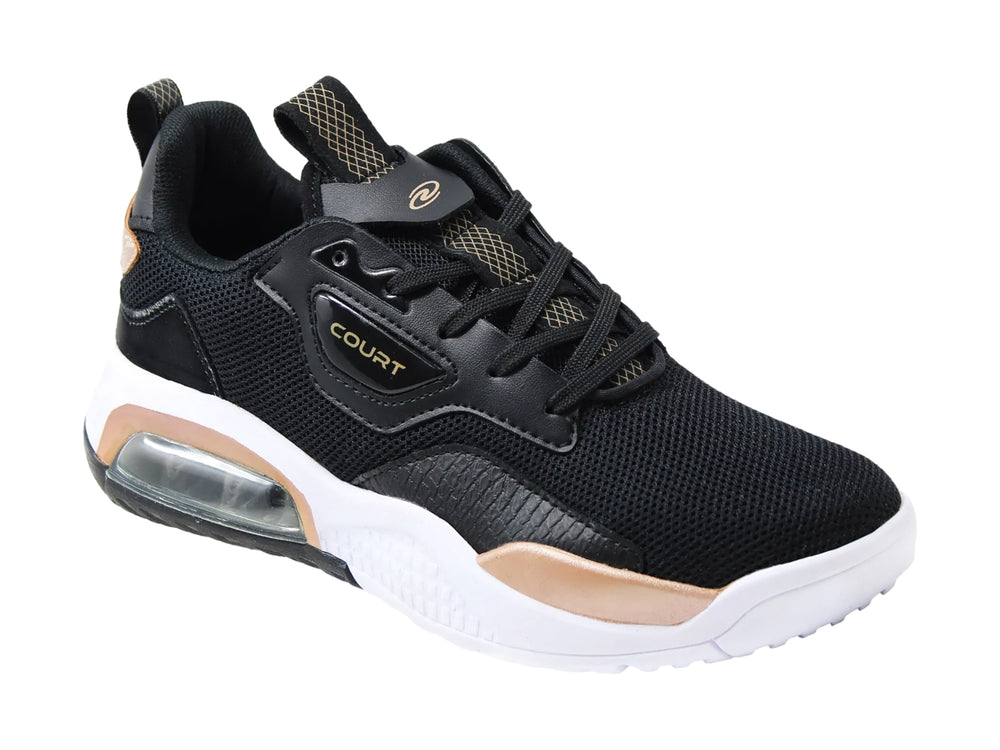 Tenis deportivos COURT color negro con detalles en oro y suela blanca con amortiguación visible.
