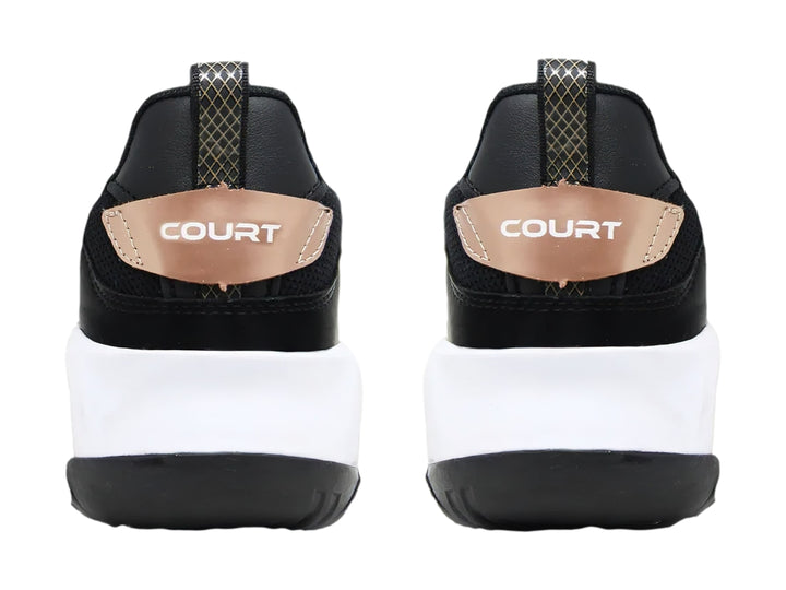 Tenis deportivos COURT color negro con detalles en oro y suela blanca con amortiguación visible.