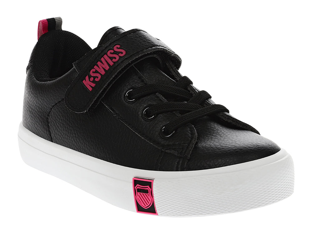 Tenis K-Swiss negros para niña con suela blanca, detalles en rosa y cierre de correa con velcro.
