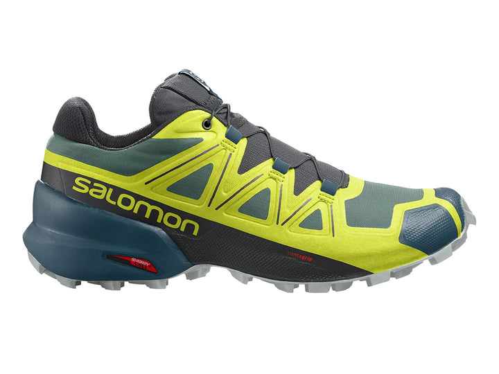Zapato deportivo Salomon Speedcross 5 en colores verde amarillento y verde oscuro con suela rugosa.