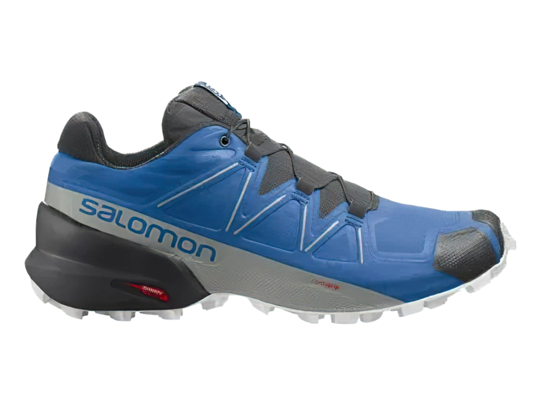 Tenis Salomon Speedcross 5 color azul y gris con suela blanca y negra para trail running.