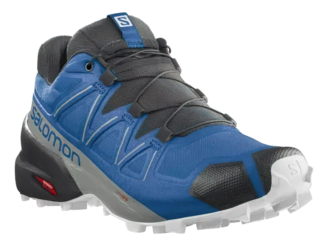 Tenis Salomon Speedcross 5 color azul y gris con suela blanca y negra para trail running.