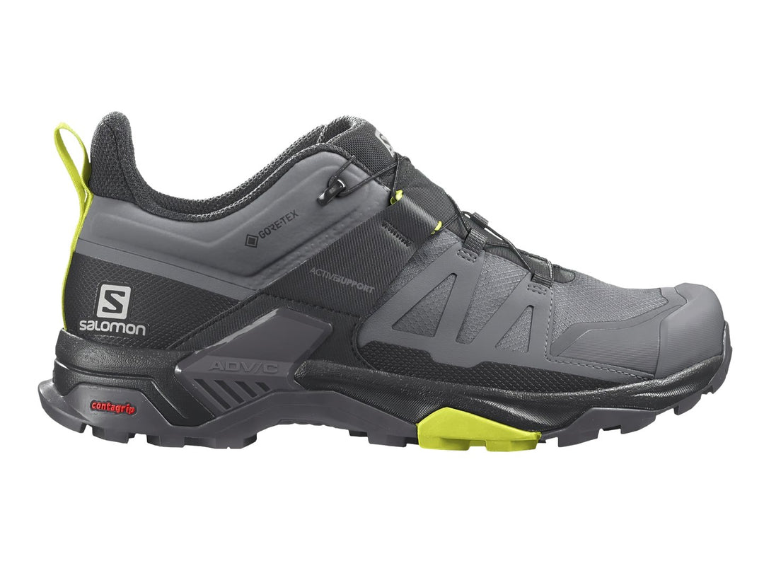 Zapato de senderismo Salomon X Ultra 4 Mid GTX en colores gris y negro con detalles en amarillo neón.
