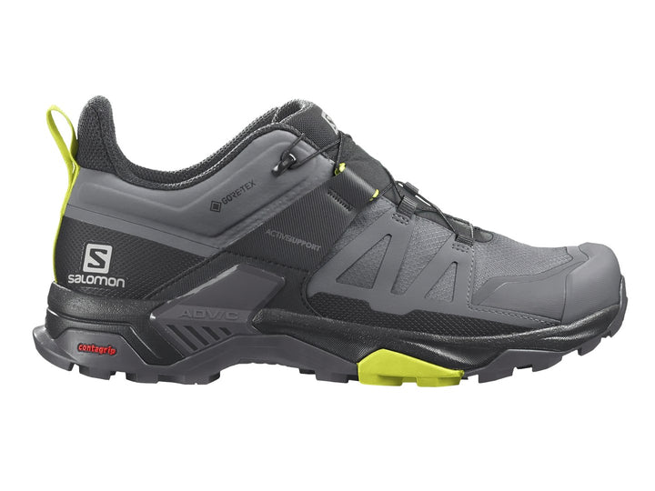 Zapato de senderismo Salomon X Ultra 4 Mid GTX en colores gris y negro con detalles en amarillo neón.