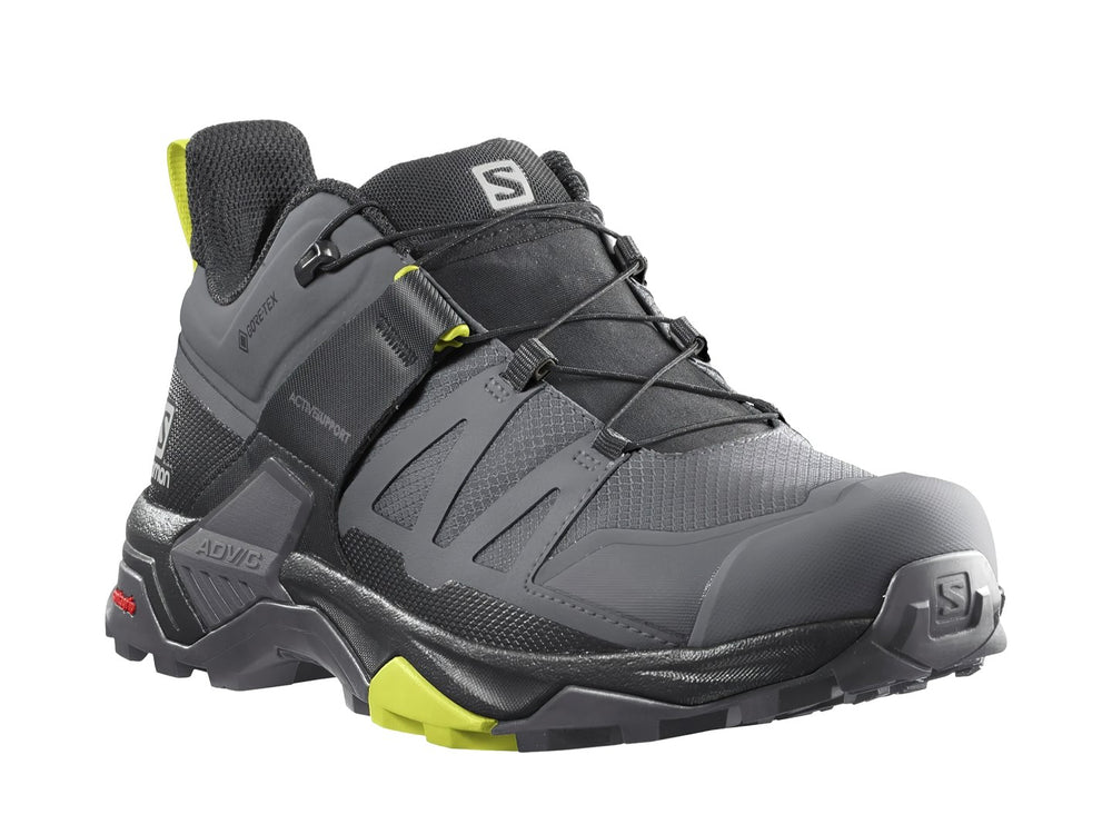 Zapato de senderismo Salomon X Ultra 4 Mid GTX en colores gris y negro con detalles en amarillo neón.