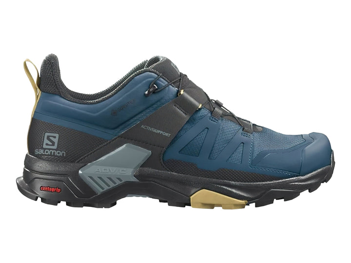 Botín de senderismo Salomon X Ultra 4 Mid GTX en color azul y negro con detalles en beige.