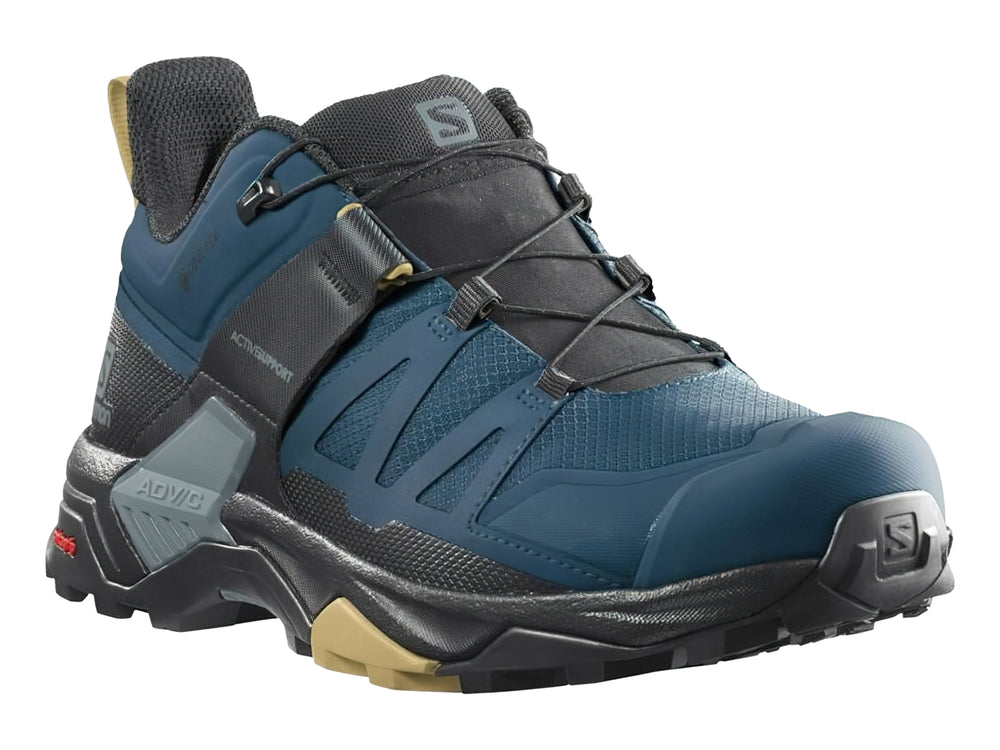 Botín de senderismo Salomon X Ultra 4 Mid GTX en color azul y negro con detalles en beige.