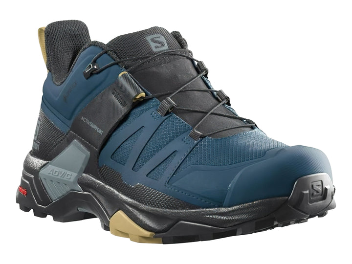 Botín de senderismo Salomon X Ultra 4 Mid GTX en color azul y negro con detalles en beige.