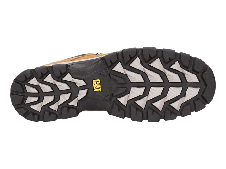 Bota de excursionismo Caterpillar color camel con suela gris y detalles waterproof.