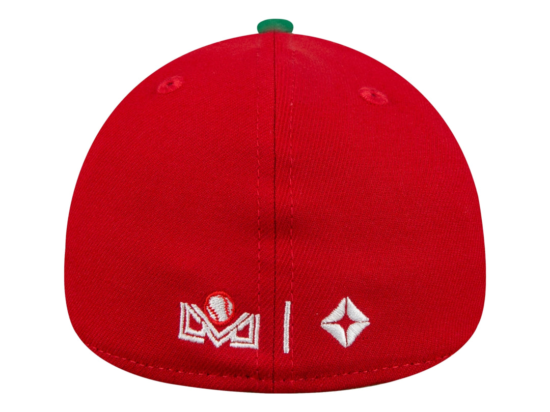 Gorra de béisbol New Era color rojo con visera verde y logotipo bordado en el frente.