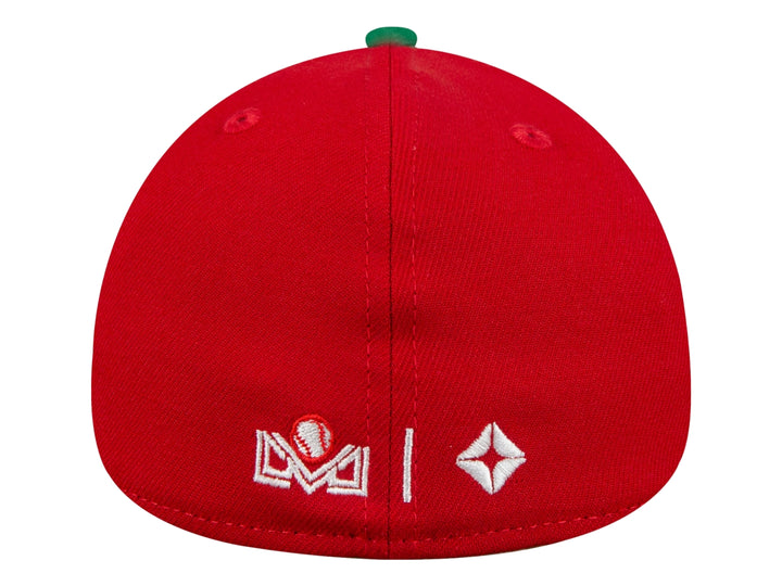 Gorra de béisbol New Era color rojo con visera verde y logotipo bordado en el frente.