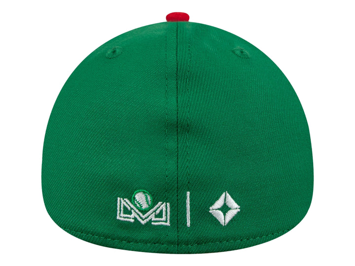 Gorra de béisbol New Era color verde con visera roja y logotipo bordado en el frente.