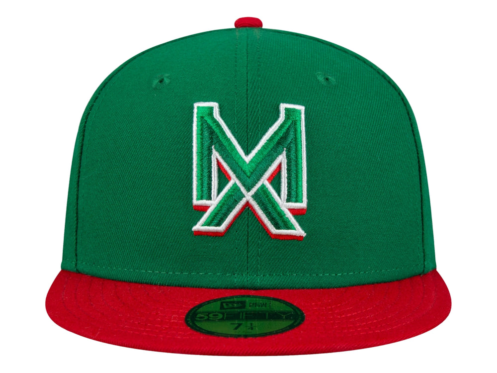 Gorra de béisbol New Era color verde con visera roja y logotipo MX bordado en el frente.