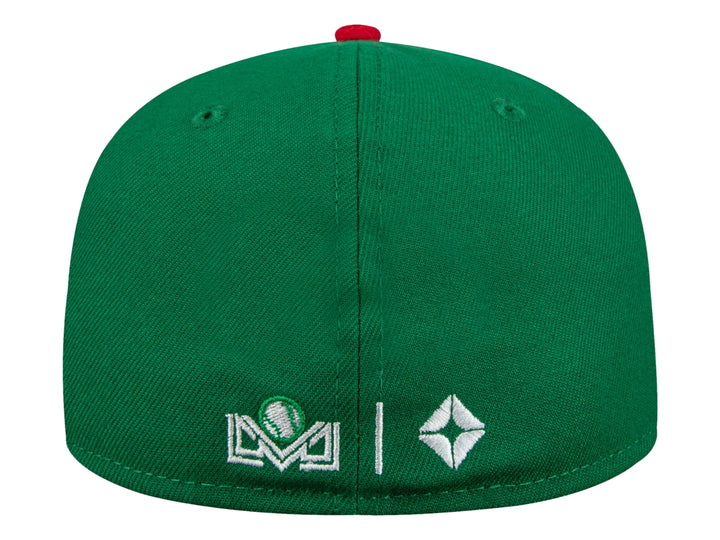 Gorra de béisbol New Era color verde con visera roja y logotipo MX bordado en el frente.