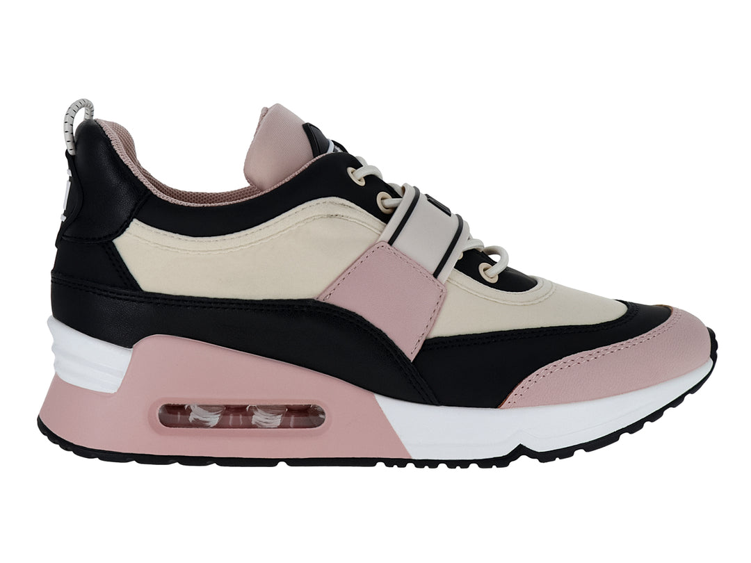 Tenis deportivos DKNY en colores beige, negro y rosa palo con suela blanca y cinta decorativa.