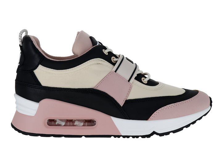 Tenis deportivos DKNY en colores beige, negro y rosa palo con suela blanca y cinta decorativa.