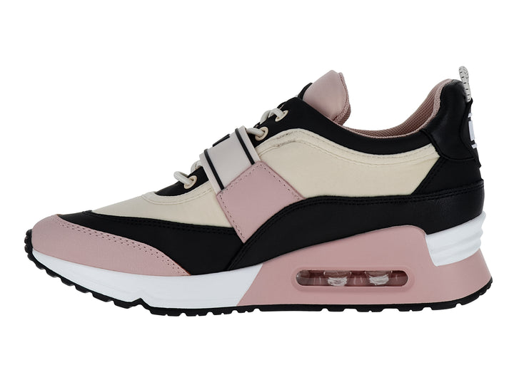 Tenis deportivos DKNY en colores beige, negro y rosa palo con suela blanca y cinta decorativa.
