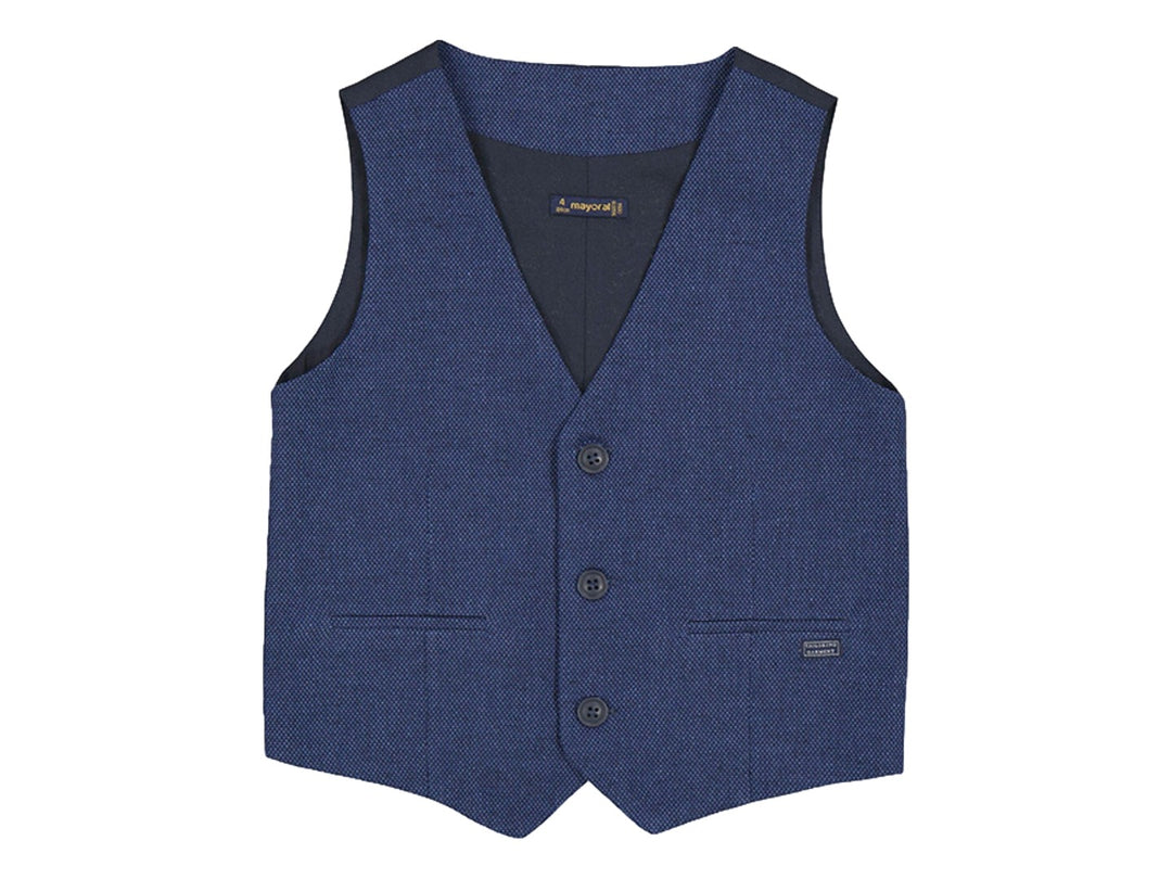 Chaleco de vestir para niño en color azul marino con tres botones frontales.