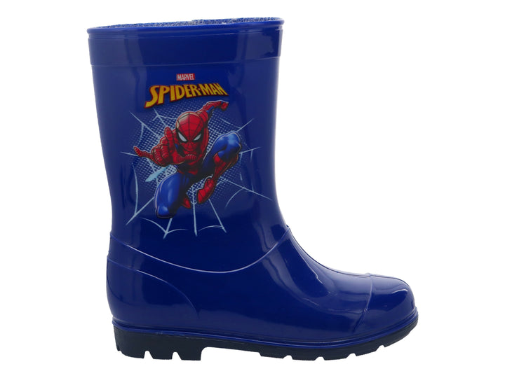 Bota de lluvia azul brillante para niños con estampado de Spider-Man.