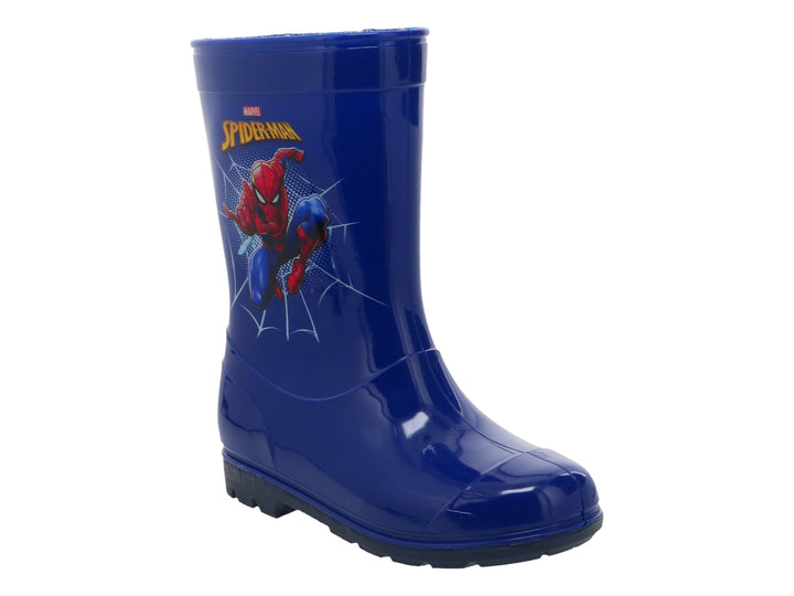 Bota de lluvia azul brillante para niños con estampado de Spider-Man.
