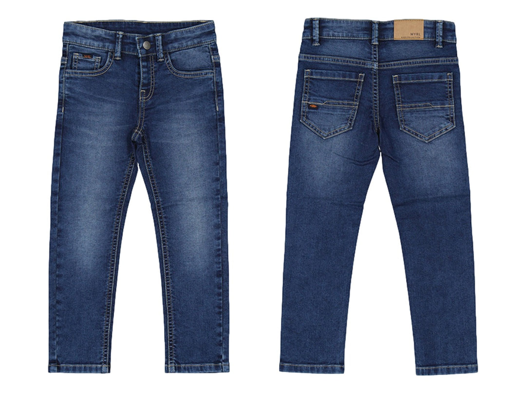 Vista frontal y posterior de pantalón tejano azul oscuro para niño en tela soft denim.