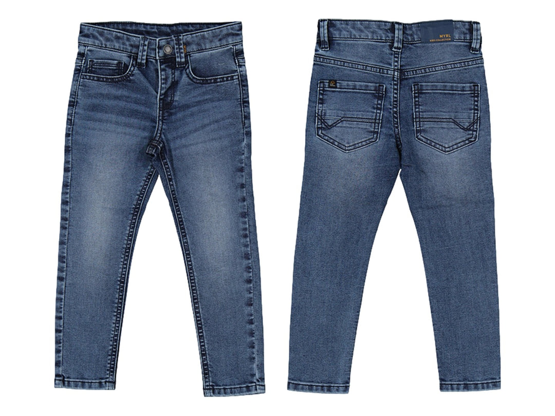 Pantalón skinny de mezclilla azul para niño, vista frontal y posterior.